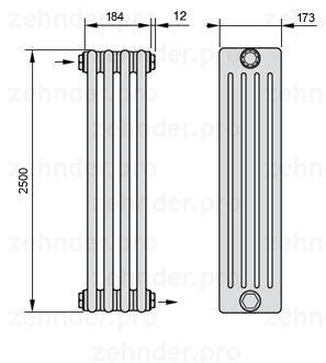Схема (чертеж) Радиатор Zehnder Charleston 5250/4 №1670 Белый глянцевый RAL 9016